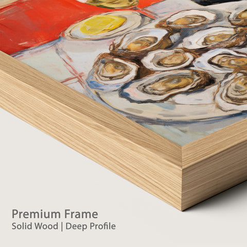 Framed artwork of oysters. natural wood