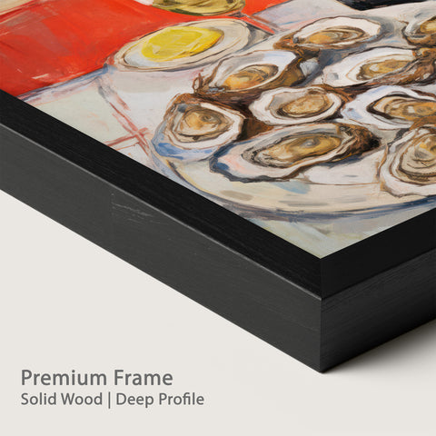 Framed artwork of oysters. onyx wood