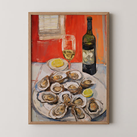 Framed art print of oysters on a plate with a bottle and glass against a red background.
