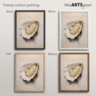 Four framed artworks of oysters with black, white, oak and walnut frame colours on a light background.