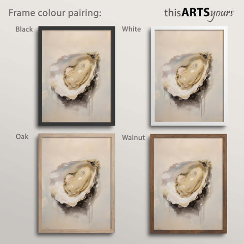 Four framed artworks of oysters with black, white, oak and walnut frame colours on a light background.