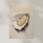 Art print of an oyster on a textured beige background.