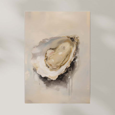 Art print of an oyster on a textured beige background.