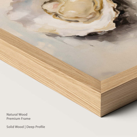 Artwork of an oyster placed within a natural wood frame.