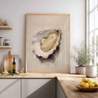 Framed art print of an oyster on a kitchen wall with a window and shelves in the background.