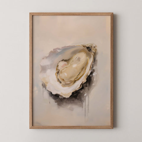 Coastal wall art print titled Pearl Essence depicting an oyster with a pearl in soft neutral tones.