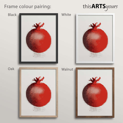 Four minimal contemporary pomegranate illustration artworks with black, white, oak and walnut frames , featuring 'thisARTSyours' branding.