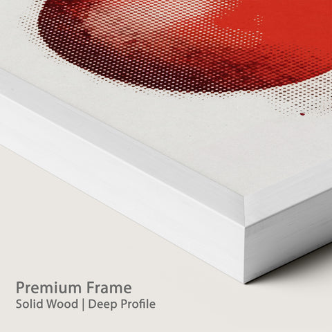 Close-up of a premium chalk wood frame with a red pomegranate illustration.