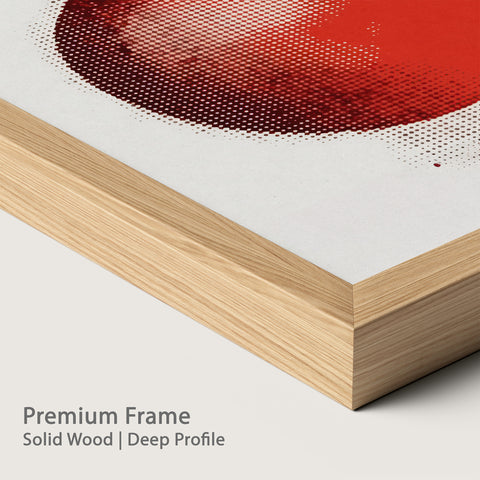 Close-up of a premium natural wood frame with a red pomegranate illustration.
