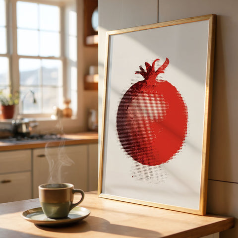 Framed art print of a red pomegranate on a kitchen counter with a steaming cup of coffee.