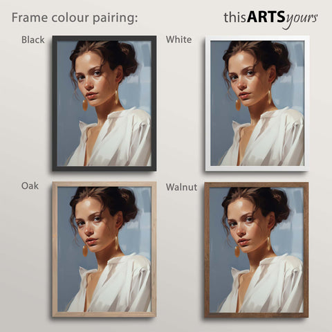 Artwork of a woman placed within black, white, oak and walnut frames.