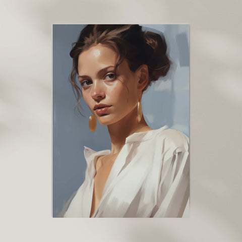 Art print of a woman on a neutral background.