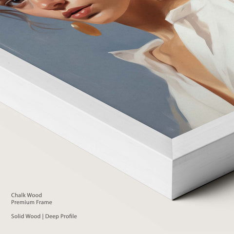 Artwork of a woman placed within a chalk wood frame.