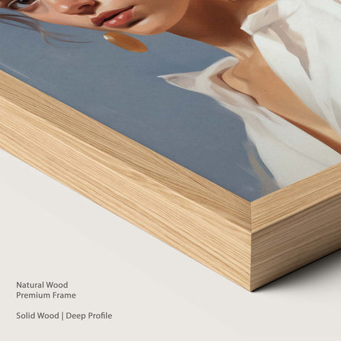 Artwork of a woman placed within a natural wood frame.