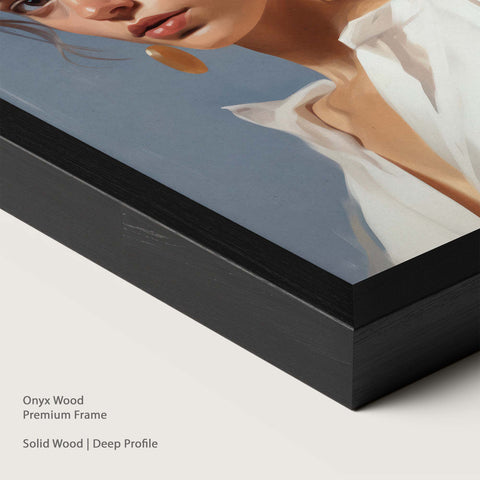 Artwork of a woman placed within a onyx wood frame.