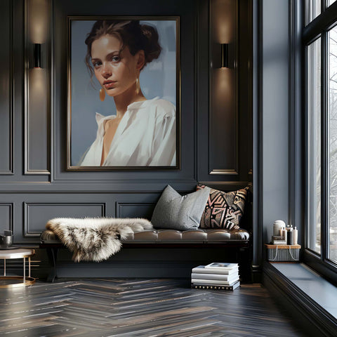 Modern living room with a painting art print of a woman on the wall, a sofa with decorative pillows, and large windows.