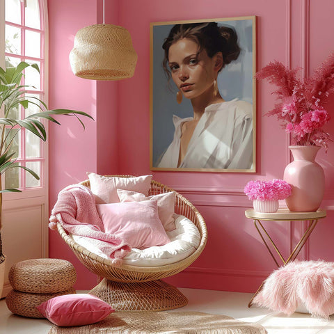 Pink room with wicker chair, pink cushions, and decorative elements. Art print of woman on wall.