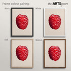 Four raspberry artworks with black, white, oak and walnut frames , featuring 'thisARTSyours' branding.