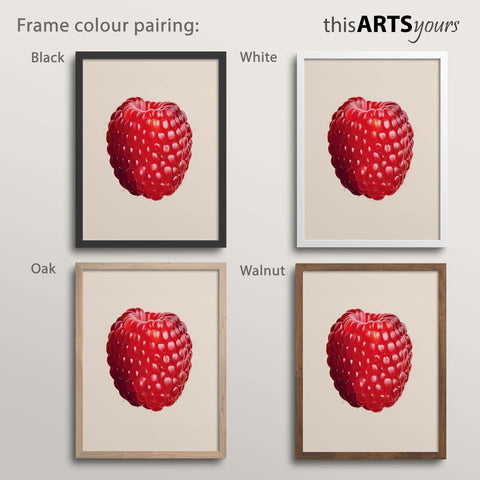 Four raspberry artworks with black, white, oak and walnut frames , featuring 'thisARTSyours' branding.
