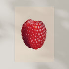 Art Print of a red raspberry on a beige background.