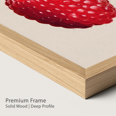 Close-up of a premium natural wood frame with a raspberry artwork.