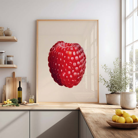 Framed art print of a raspberry on a kitchen wall with a window and shelves in the background.