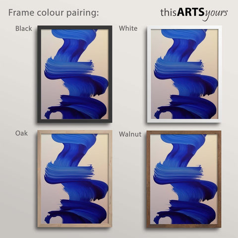 Four abstract blue artworks within black, white, oak and walnut frames, featuring 'thisARTSyours' branding.
