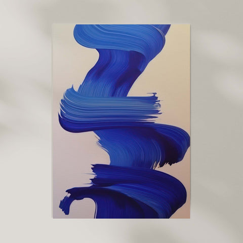 Abstract art print with blue brush strokes.