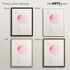 Four pink abstract artworks within black, white, oak and walnut frames, featuring the brand 'thisARTSyours'.