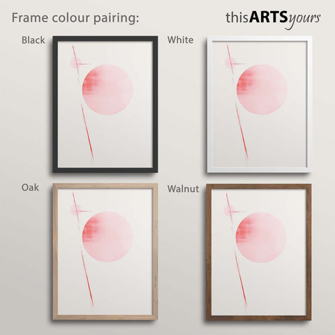 Four pink abstract artworks within black, white, oak and walnut frames, featuring the brand 'thisARTSyours'.
