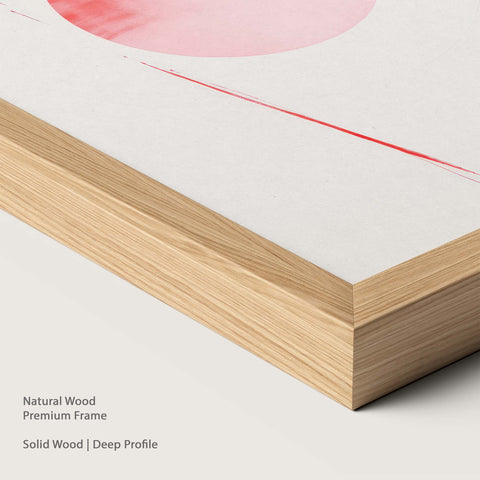 Natural wood framed pink abstract artwork.