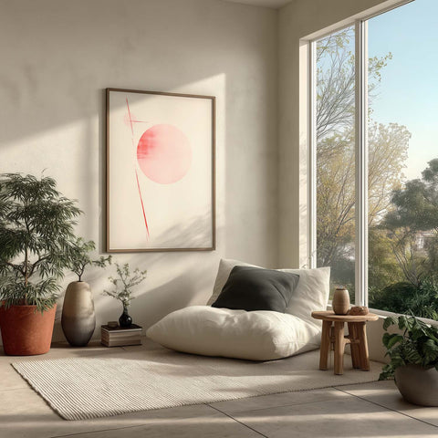 Modern living room with a large window, plant decor, and a cozy seating area. Framed pink abstract art print on the wall.
