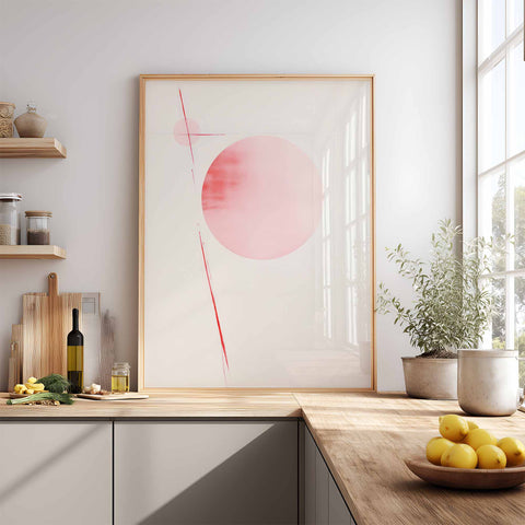 Modern kitchen with abstract art print on the wall