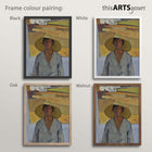 Painting of a person wearing a yellow hat within black, white, oak and walnut frames.