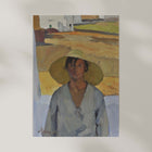 Painting art print of a person wearing a large hat with a landscape in the background.