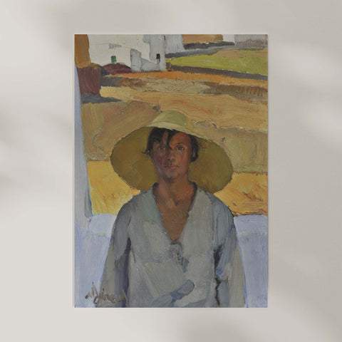 Painting art print of a person wearing a large hat with a landscape in the background.