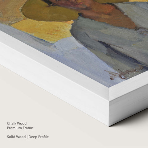 Painting of a figure with a Chalk Wood Premium Frame on a neutral background.