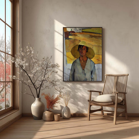 Room interior with a painting art print of a person wearing a hat, a chair, and decorative plants.