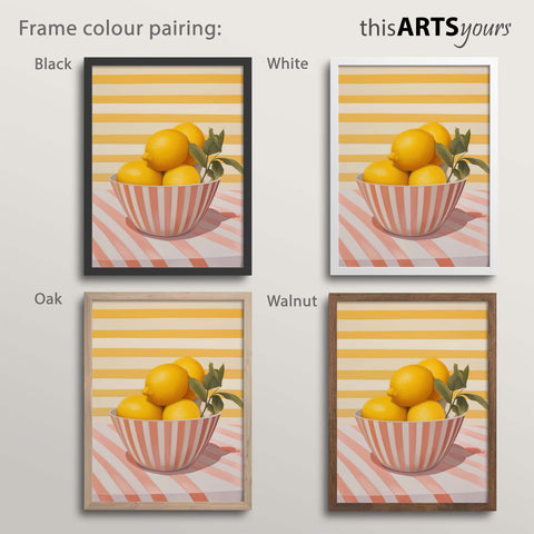 Artworks of a bowl of lemons within black, white, oak and walnut frames.
