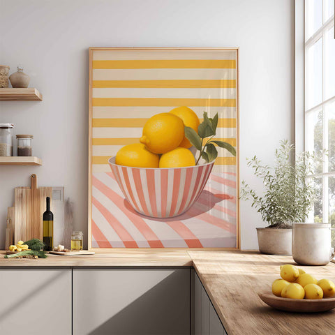 Kitchen interior with a bowl of lemons art print on the wall