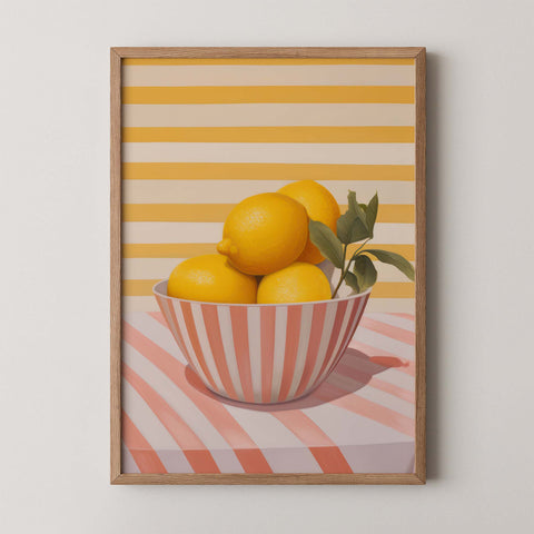 Botanical wall art print titled Sunlit Harvest showing lemons in a bowl with bright striped background.