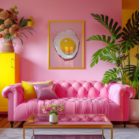 Framed art print of a fried egg in a pink living room with a pink sofa, yellow cabinet, and decorative elements.