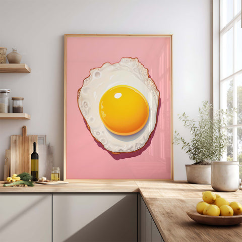 Framed art print of a fried egg on a pink background in a kitchen setting.