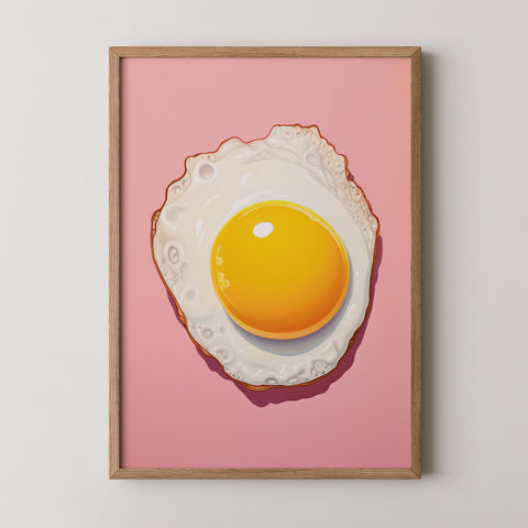 Framed art print of a fried egg on a pink background