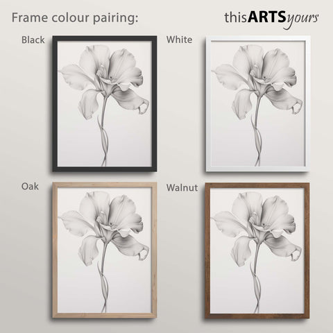 Four monochrome floral artworks with black, white, oak and walnut frames , featuring 'thisARTSyours' branding.