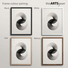 Monochrome abstract artwork within black, white, oak and walnut frames.
