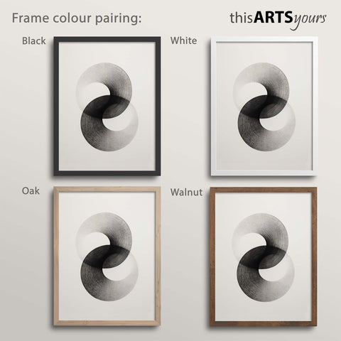 Monochrome abstract artwork within black, white, oak and walnut frames.