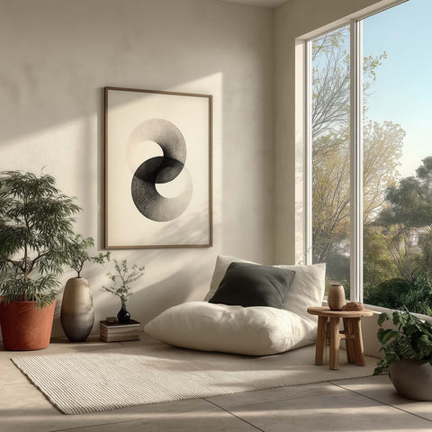 Modern living room with a sofa, decorative pillows, and a large window. Large monochrome abstract art print on wall.