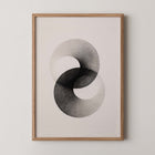 Abstract wall art print titled Yin Spiral showing a monochrome spiral inspired by yin yang balance.
