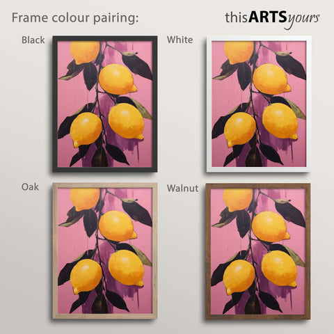 Artwork of lemons on a pink background placed within black, white, oak and walnut frames.